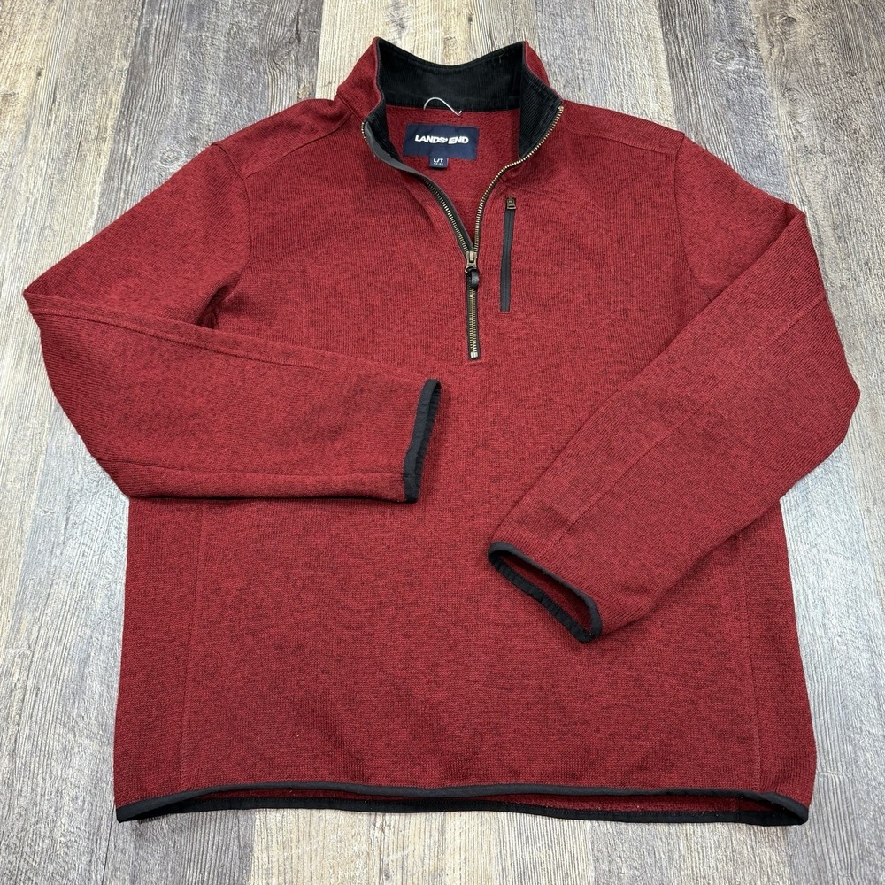 Lands End‎ Sweater Fleece Mens Large Red 1/4 Zip Pullover Corduroy Mockneck